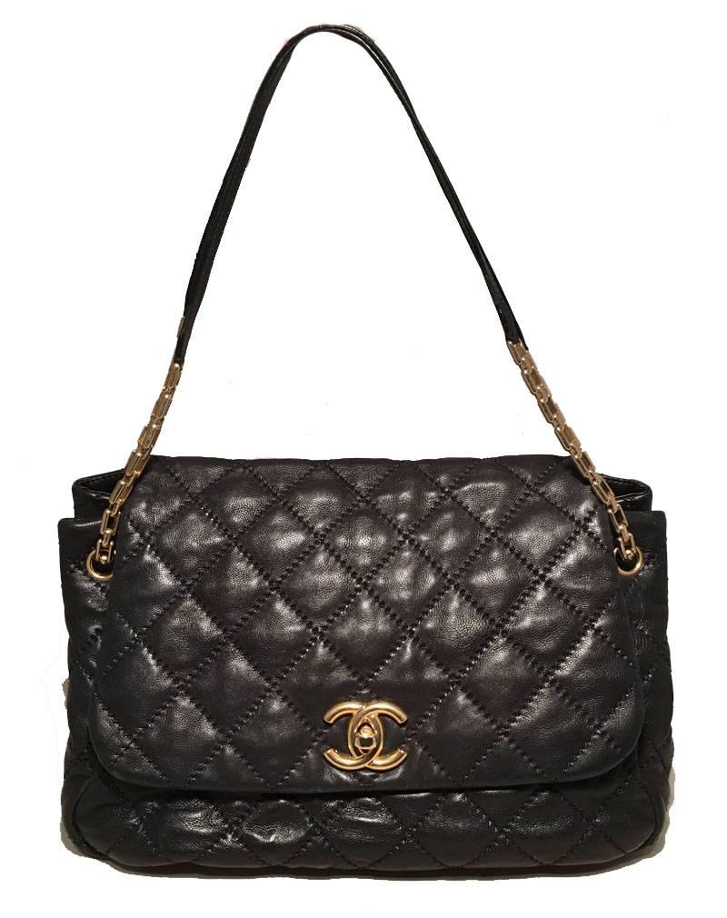 GORGEOUS Chanel Quilted Black Distressed Leather Large Classic Flap Shoulder Bag in excellent condition.  Quilted black distressed leather exterior with heavy duty topstitching throughout.  combination leather and chain shoulder strap can be worn