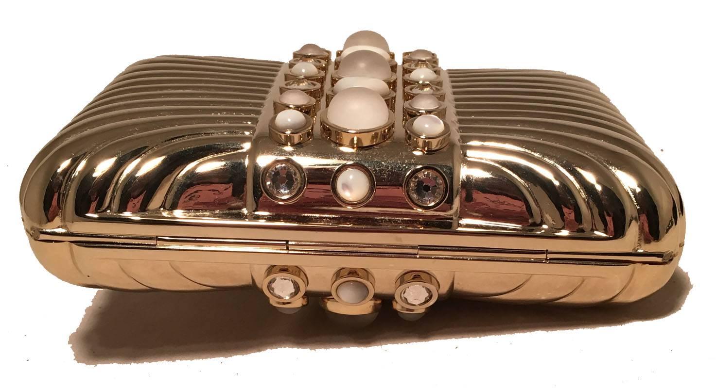 Brown Judith Leiber Vintage Gold Box Clutch with Pearl Details