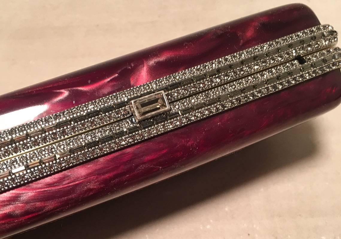 Judith Leiber Maroon Pearlized Box Clutch with Crystals In Excellent Condition In Philadelphia, PA