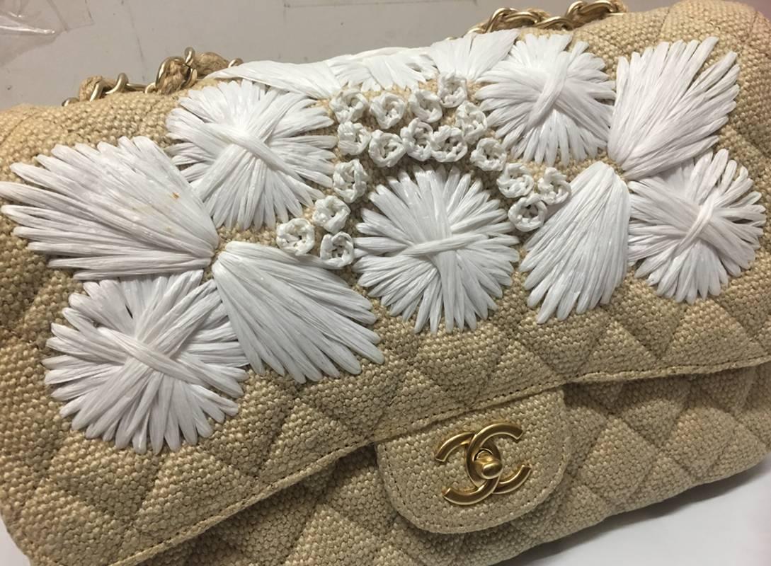 Brown Chanel Tan Quilted Soft Raffia Woven Jumbo Classic Flap Shoulder Bag 