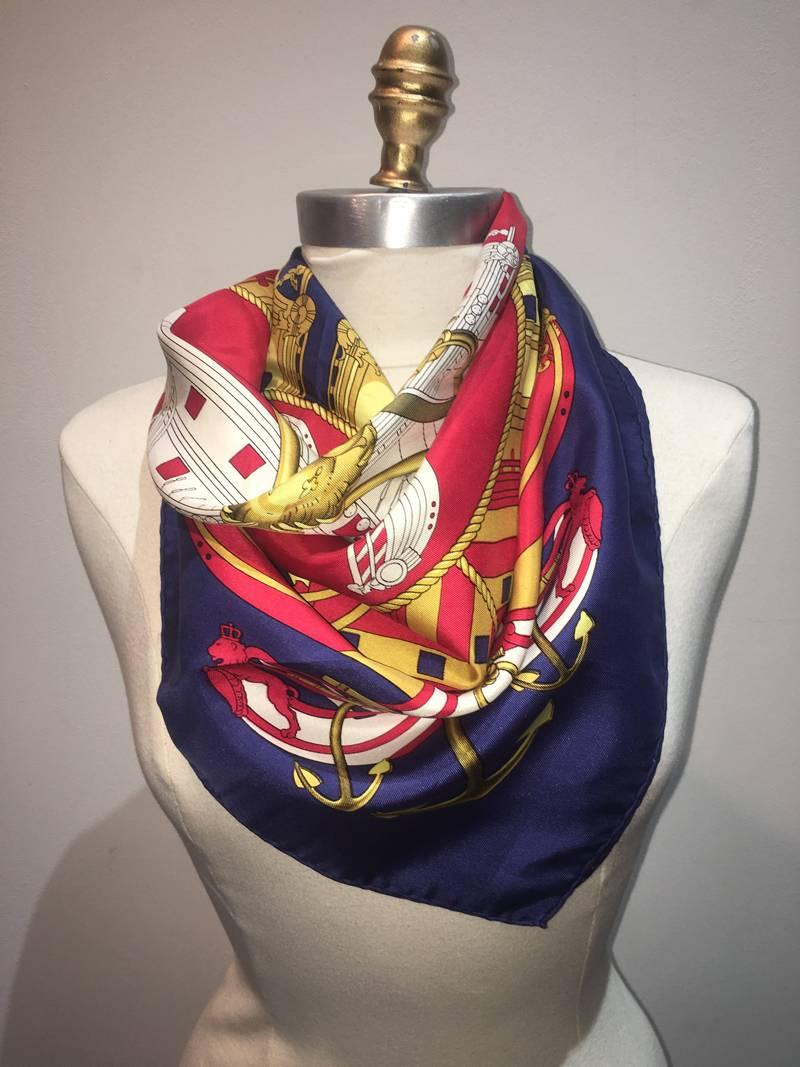 Brown Hermes Vintage Proues Silk Scarf in Navy c1970s