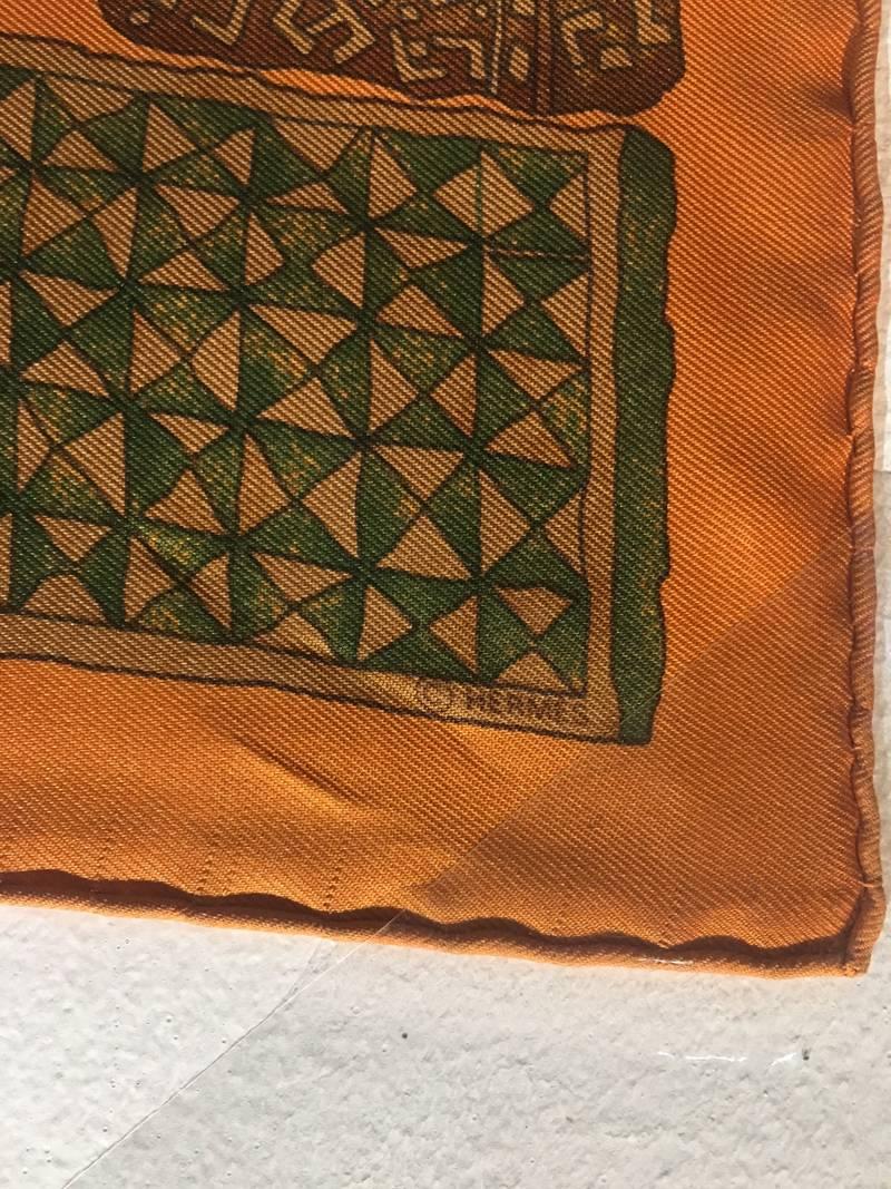 Hermes Orange Personas Silk Pocket Square Scarf Handkerchief In Excellent Condition In Philadelphia, PA