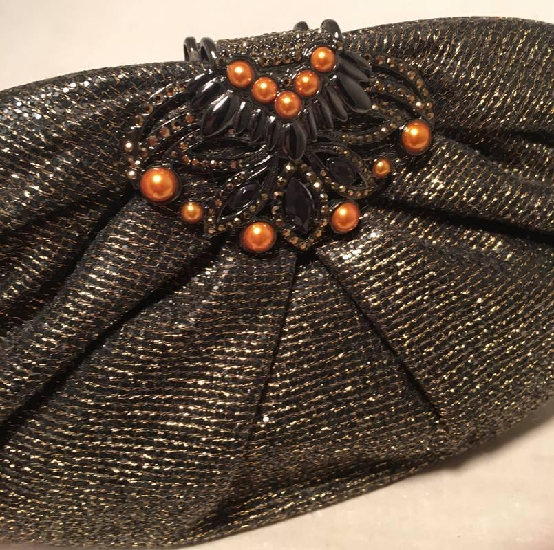 Judith Leiber Black and Gold Woven Pearl Embellished Clutch In Excellent Condition In Philadelphia, PA
