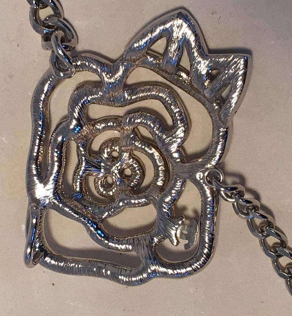 Chanel Silver Chain Rhinestone Camellia Flower Belt Necklace In Excellent Condition In Philadelphia, PA