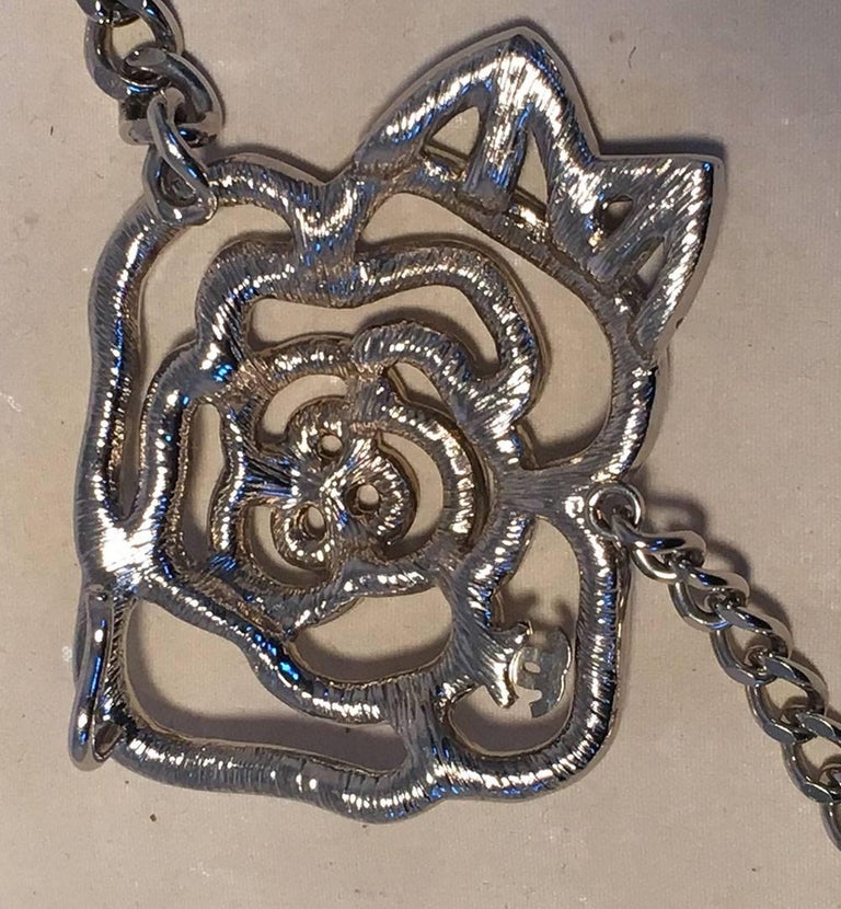 Chanel Silver Chain Rhinestone Camellia Flower Belt Necklace