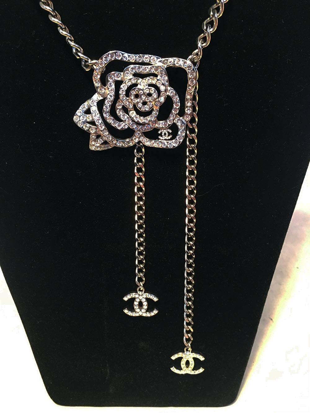 Women's Chanel Silver Chain Rhinestone Camellia Flower Belt Necklace