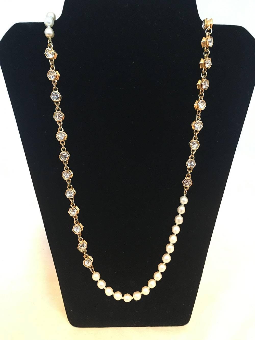 BEAUTIFUL Chanel Vintage Pearl and Crystal Beaded Necklace in excellent condition.  Round pearl beads with small gold hexagon crystal beads. This piece switches between 12 crystal beads and 17 pearls throughout. Can be worn long or wrapped for a