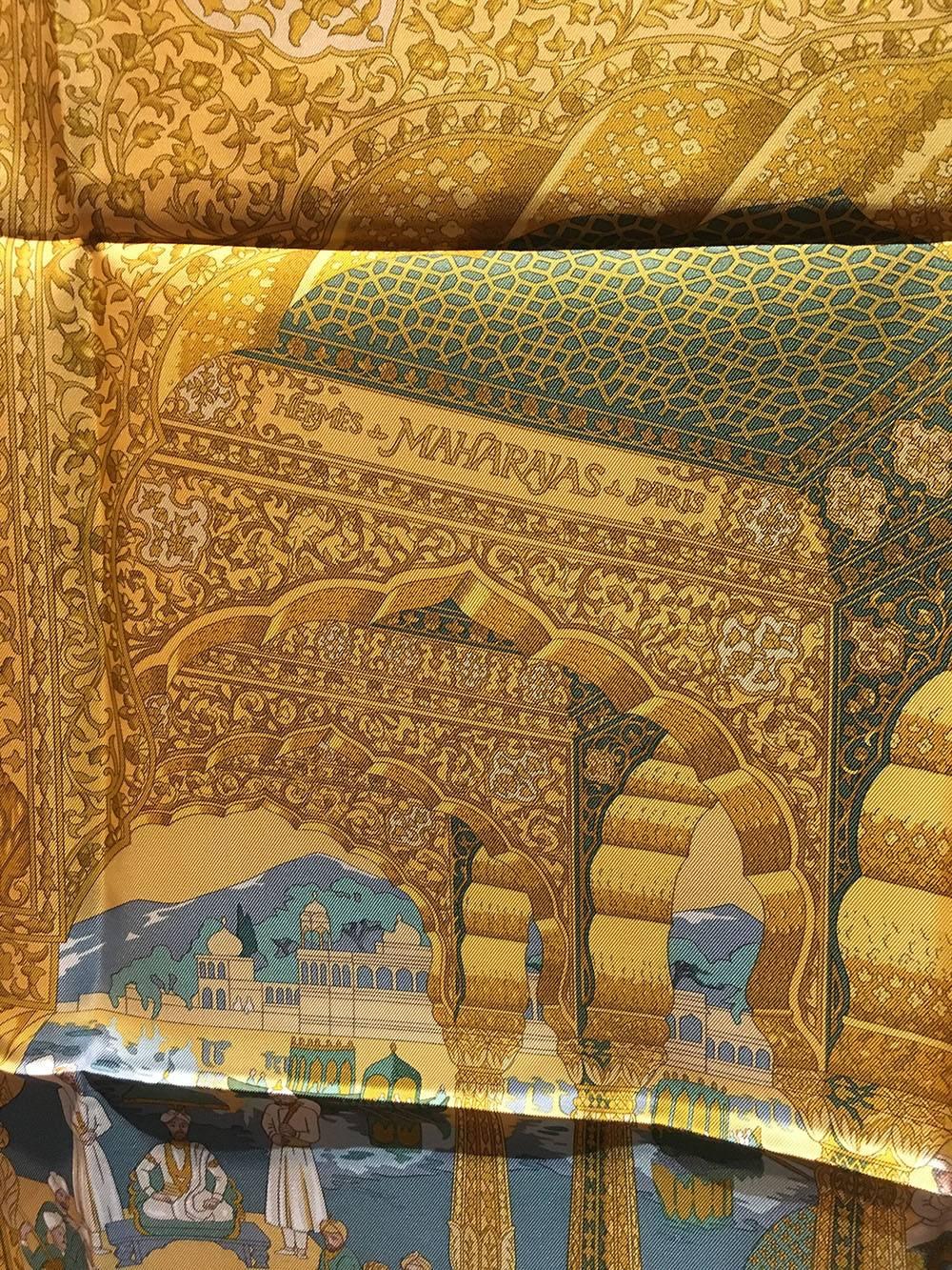BEAUTIFUL Hermes Vintage Splendeurs des Maharajas Silk Scarf in Gold in excellent condition.  Original silk screen design c1996 by 	Catherine Baschet features various 