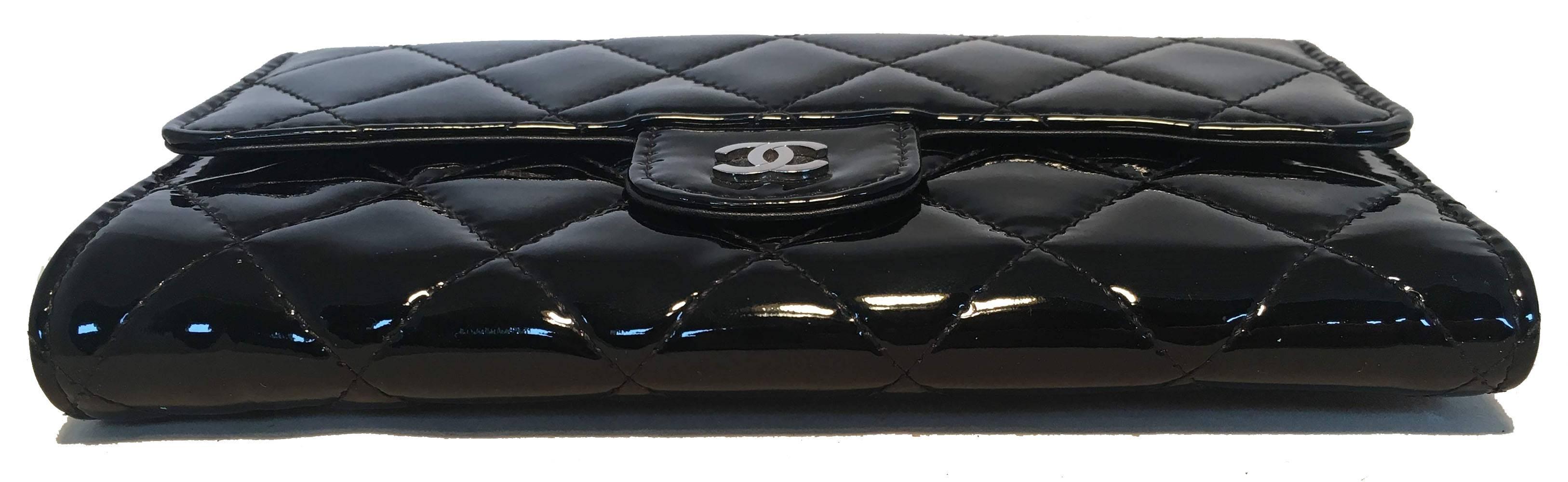 Chanel Black Patent Quilted Tri Fold Wallet In Excellent Condition In Philadelphia, PA