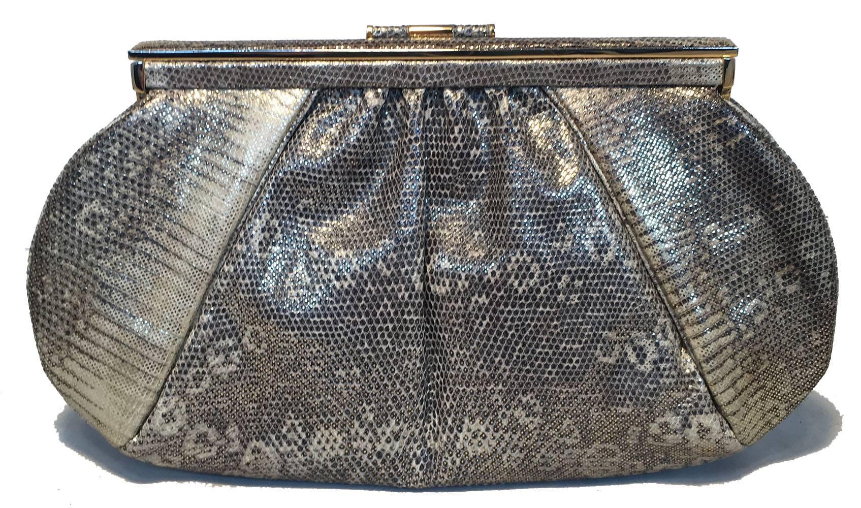 STUNNING Judith Leiber Gold and Natural Gray Ring Lizard Clutch in excellent condition.  Natural gray and white ring lizard leather exterior with gold sheen throughout and gold hardware trim. Top lifting hinge closure opens to a beige silk lined