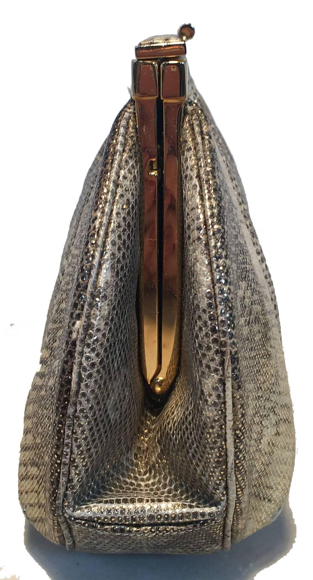 Judith Leiber Gold and Natural Gray Ring Lizard Clutch In Excellent Condition In Philadelphia, PA