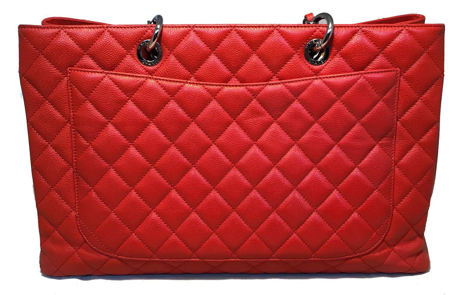 Women's Chanel Dark Red Orange Caviar Quilted Large Shopper Shoulder Bag Tote