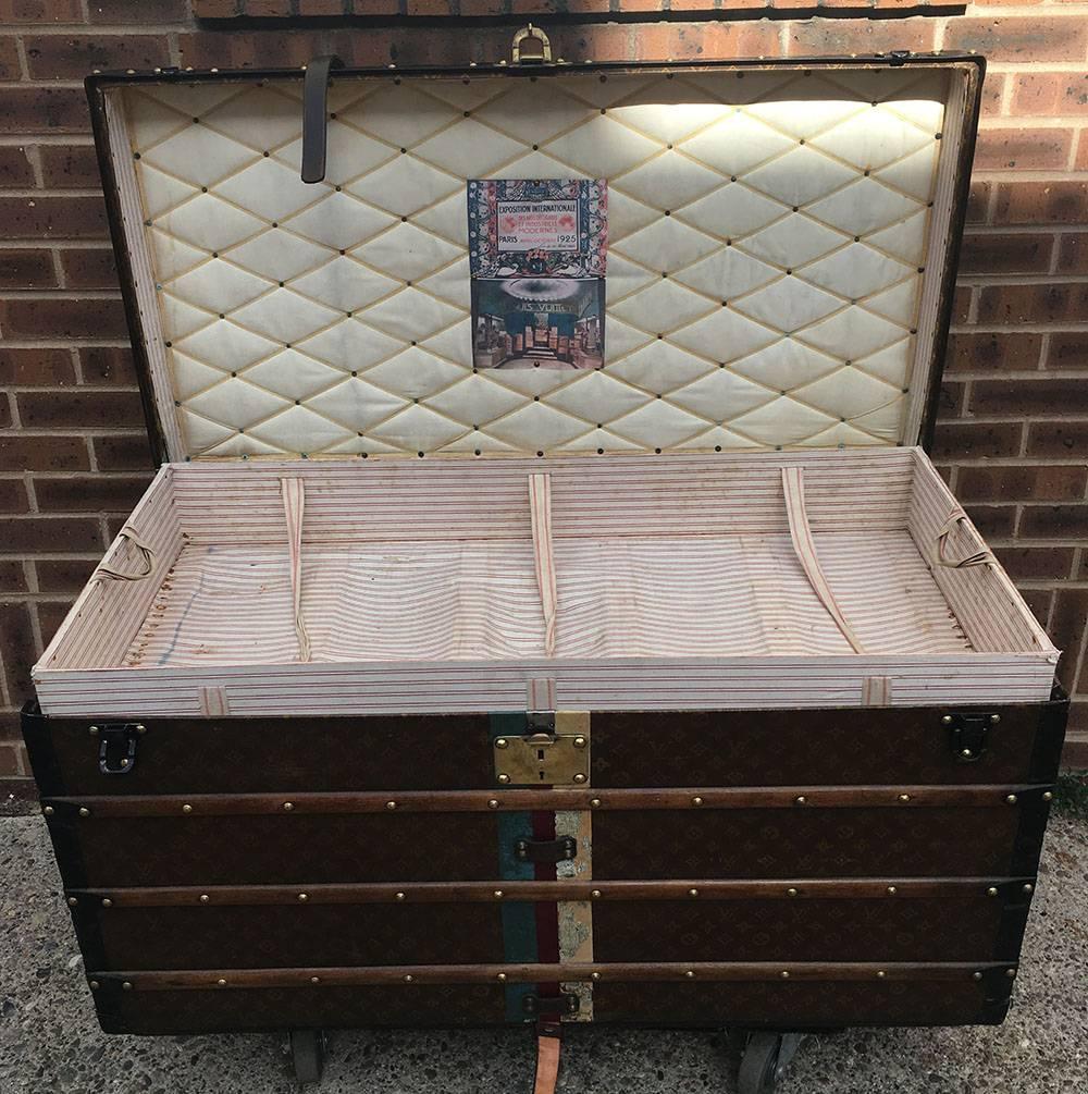 Black LOUIS VUITTON Antique Monogram Steamer Trunk with Red Green and White Stripes