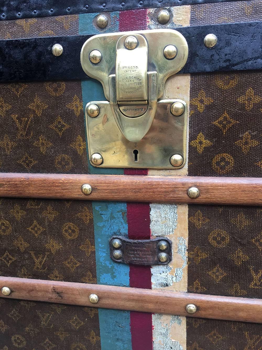 LOUIS VUITTON Antique Monogram Steamer Trunk with Red Green and White Stripes 4