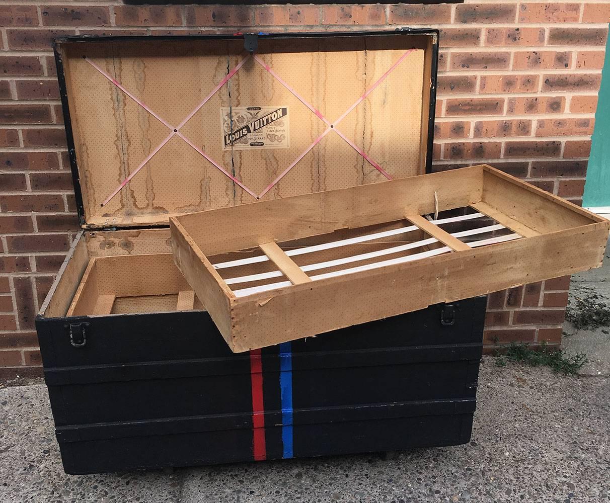 Women's or Men's LOUIS VUITTON Antique Black Steamer Trunk with Red and Blue Stripe