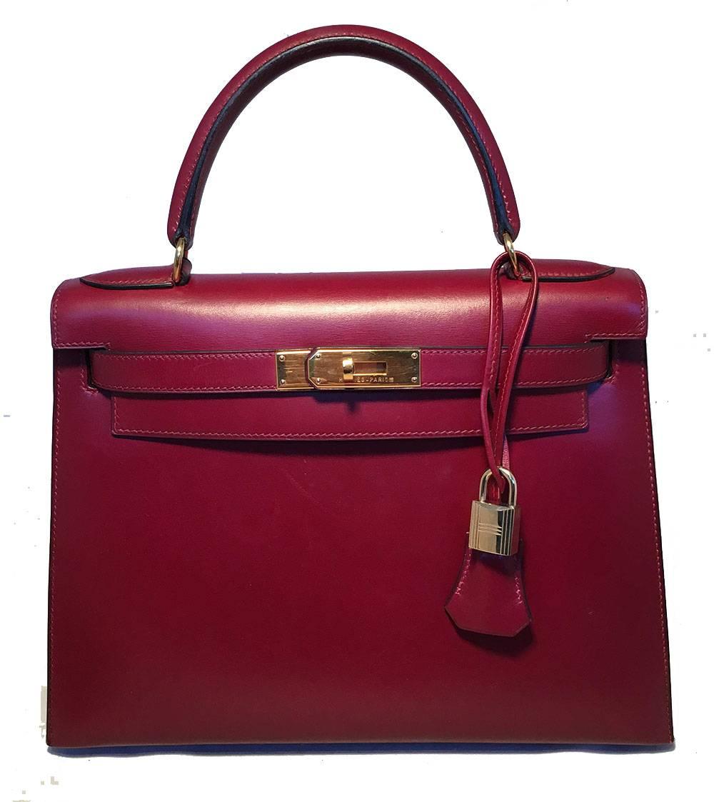 Black Hermes Vintage Rouge Box Calf 28cm Kelly Bag with Strap