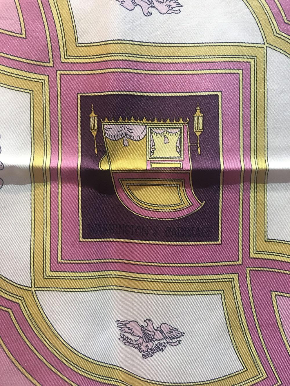 GORGEOUS Hermes Vintage Washington's Carriage Silk Scarf in Rose c1970s in excellent condition.  Original silk screen design c1978 by Caty Latham features a centered square illustration of an antique carriage in pink and yellow over a dark purple