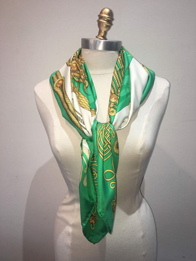 Hermes Vintage Brandebourgs Silk Scarf in Green c1970s For Sale at 1stDibs