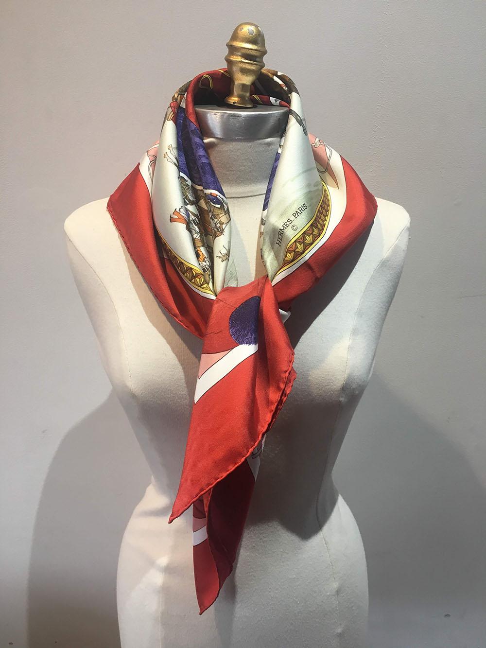 Brown Hermes Vintage On Epsom Downs Silk Scarf, circa 1970s in Red