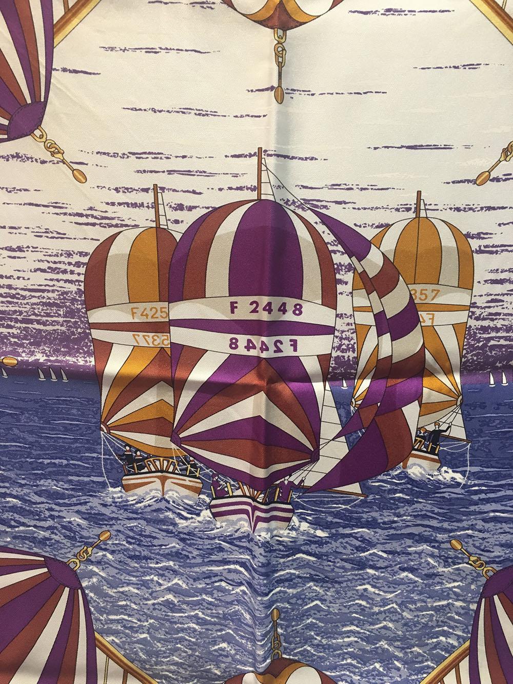 Women's or Men's Hermes Vintage Purples and Gold Spinnaker Silk Scarf, circa 1980s