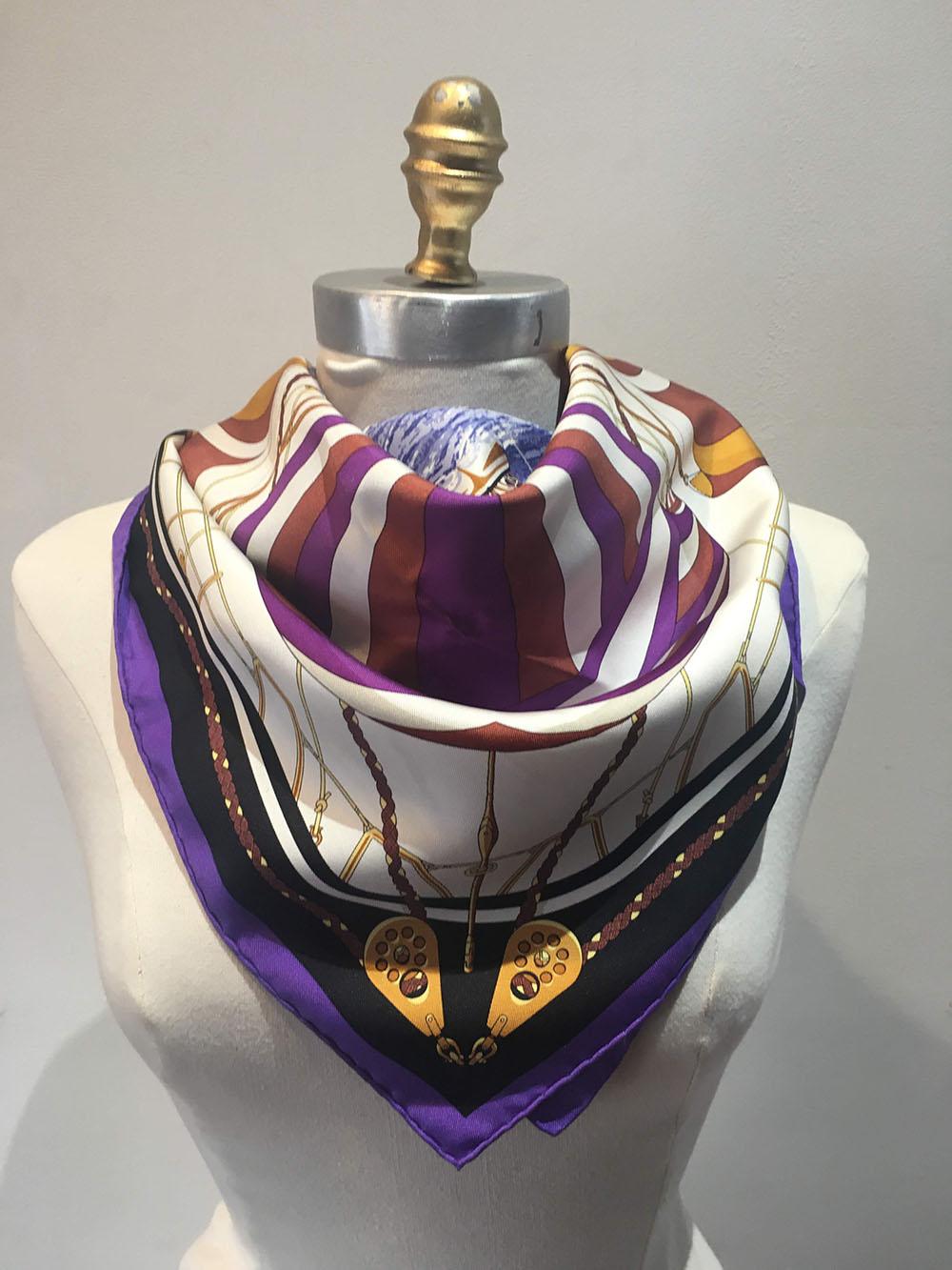 Hermes Vintage Purples and Gold Spinnaker Silk Scarf, circa 1980s 1