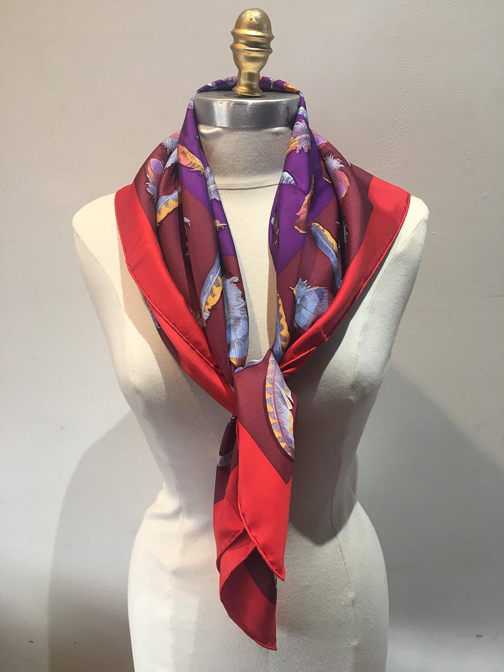 Brown Hermes Vintage Plumes Silk Scarf c1950s in Red and Purple