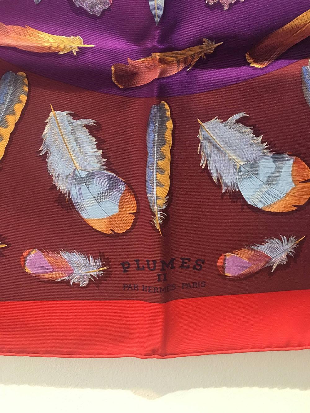 Women's or Men's Hermes Vintage Plumes Silk Scarf c1950s in Red and Purple