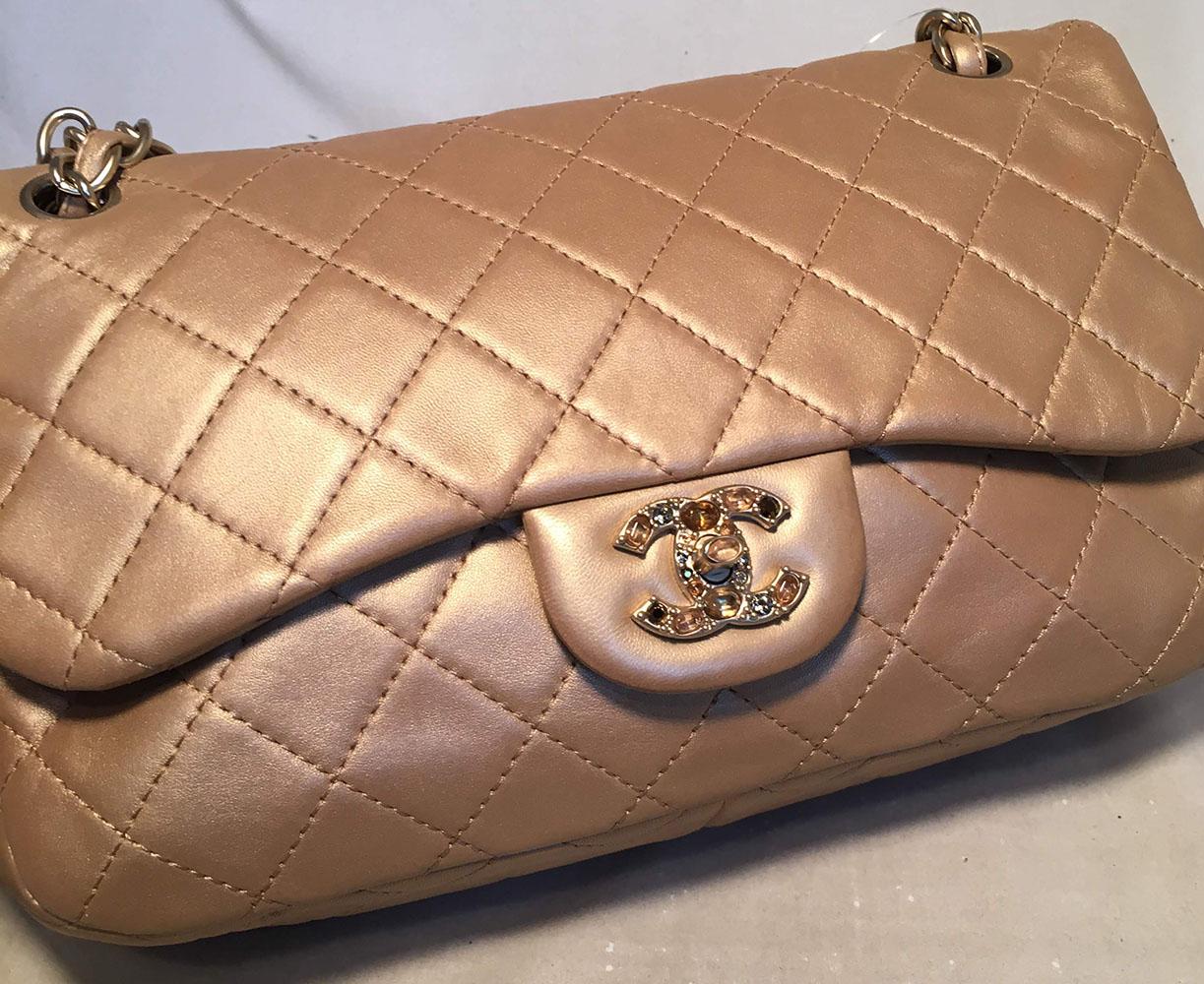 Chanel Rare Quilted Gold Leather Gemstone Closure Classic Flap Shoulder Bag In Excellent Condition In Philadelphia, PA