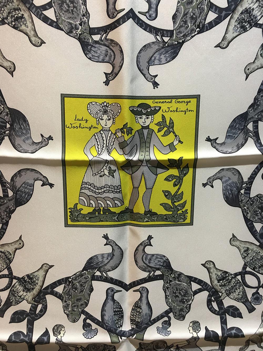 Hermes Early America Chartreuse Yellow Silk Scarf in excellent condition. Original silk screen design c2012 by Francoise de la Perriere features an artistic rendition of Lady Washington and General George Washington in a center square with a black