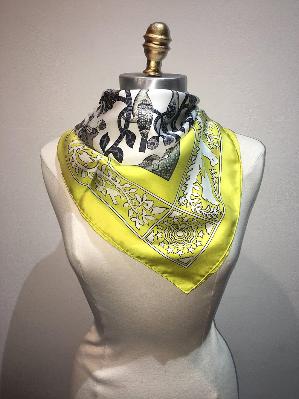 Hermes Early America Chartreuse Yellow Silk Scarf  3