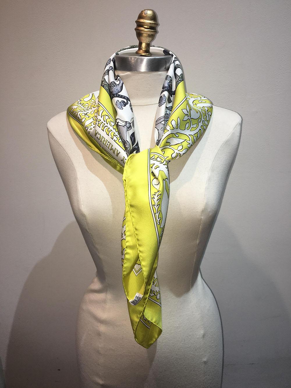 Hermes Early America Chartreuse Yellow Silk Scarf  4