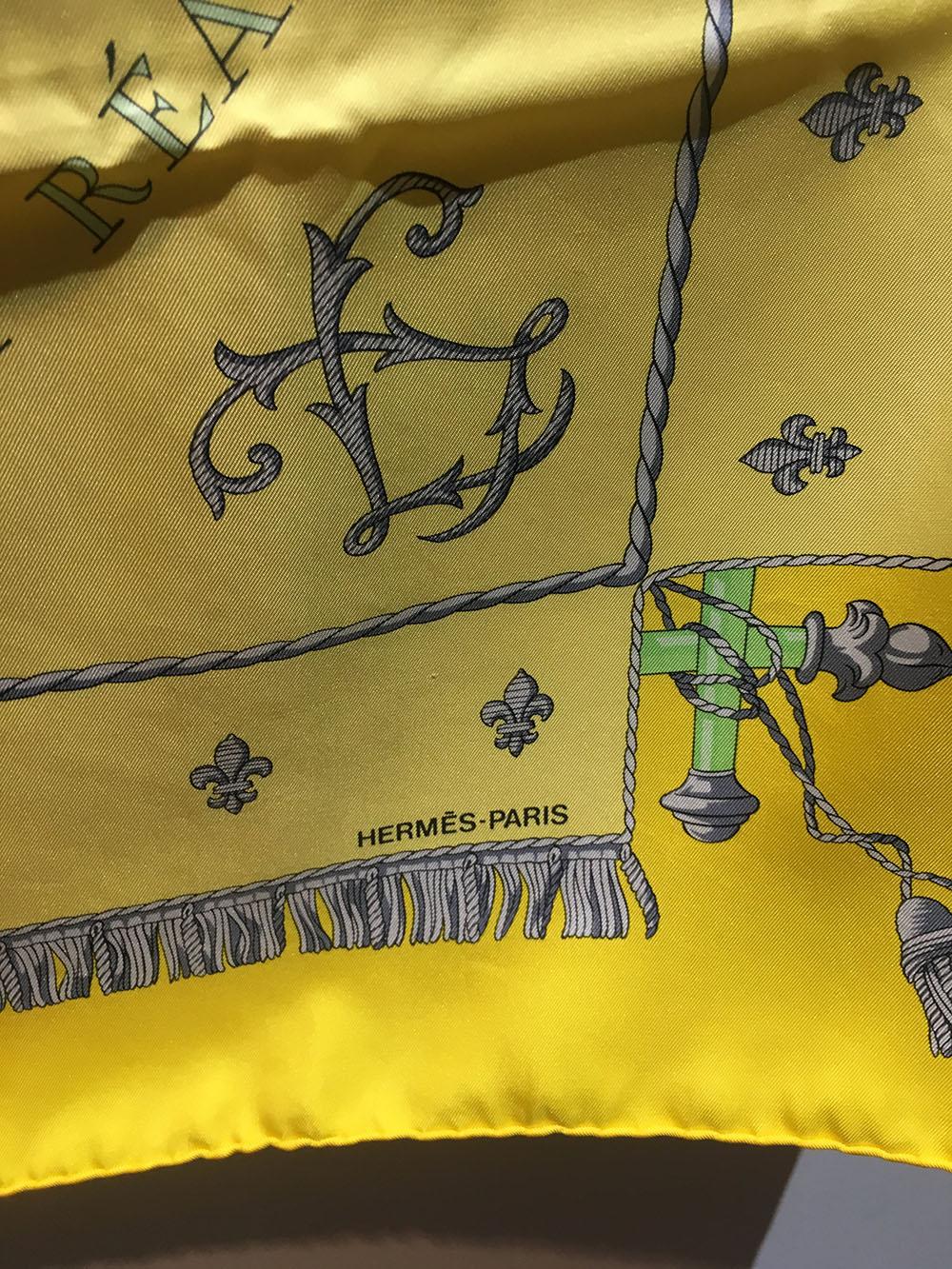 Women's or Men's Hermes Vue De Carrosse de la Galere la Reale Silk Scarf in Yellow  For Sale