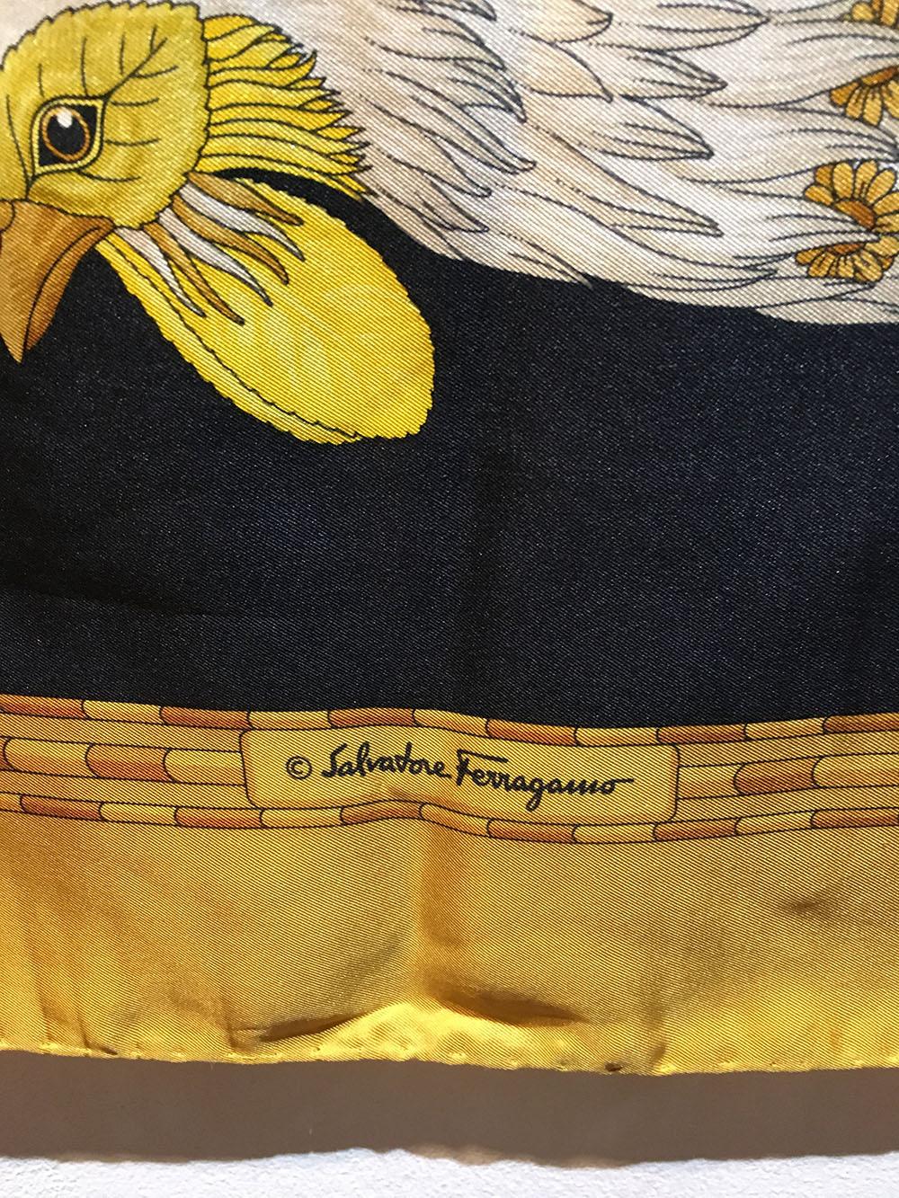 STUNNING Salvatore Ferragamo Vintage Black and Gold Rooster Chicken Print Silk Scarf in excellent condition.  Gorgeous artistic rendition of 2 rooster chickens with cream bodies and golden feathers outlined in black, over a black background