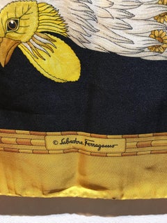 Salvatore Ferragamo Vintage Black and Gold Rooster Chicken Print Silk Scarf