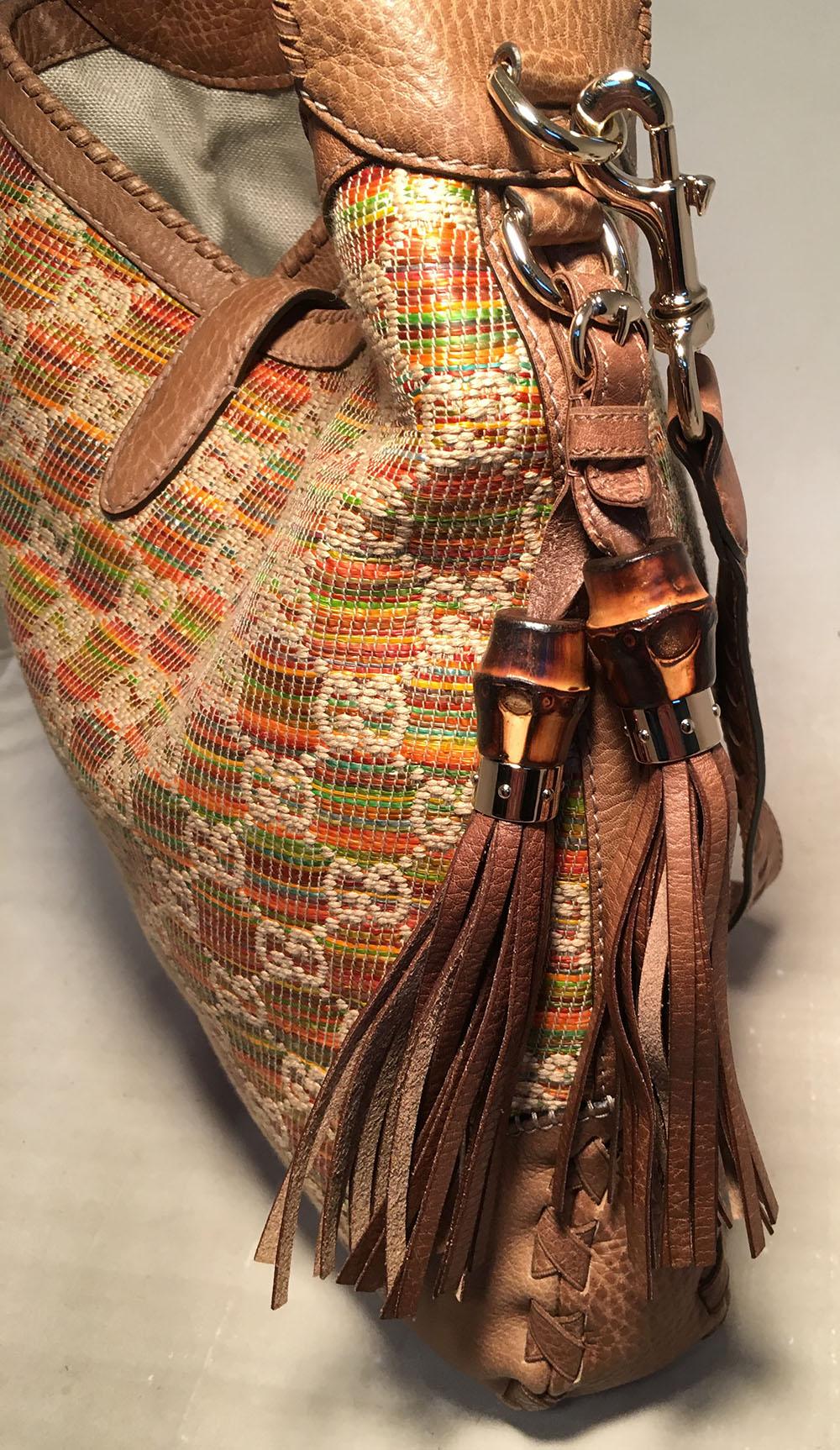 Gucci MultiColor GG Monogram Straw and Tan Leather New Jackie Shoulder Bag In Excellent Condition In Philadelphia, PA