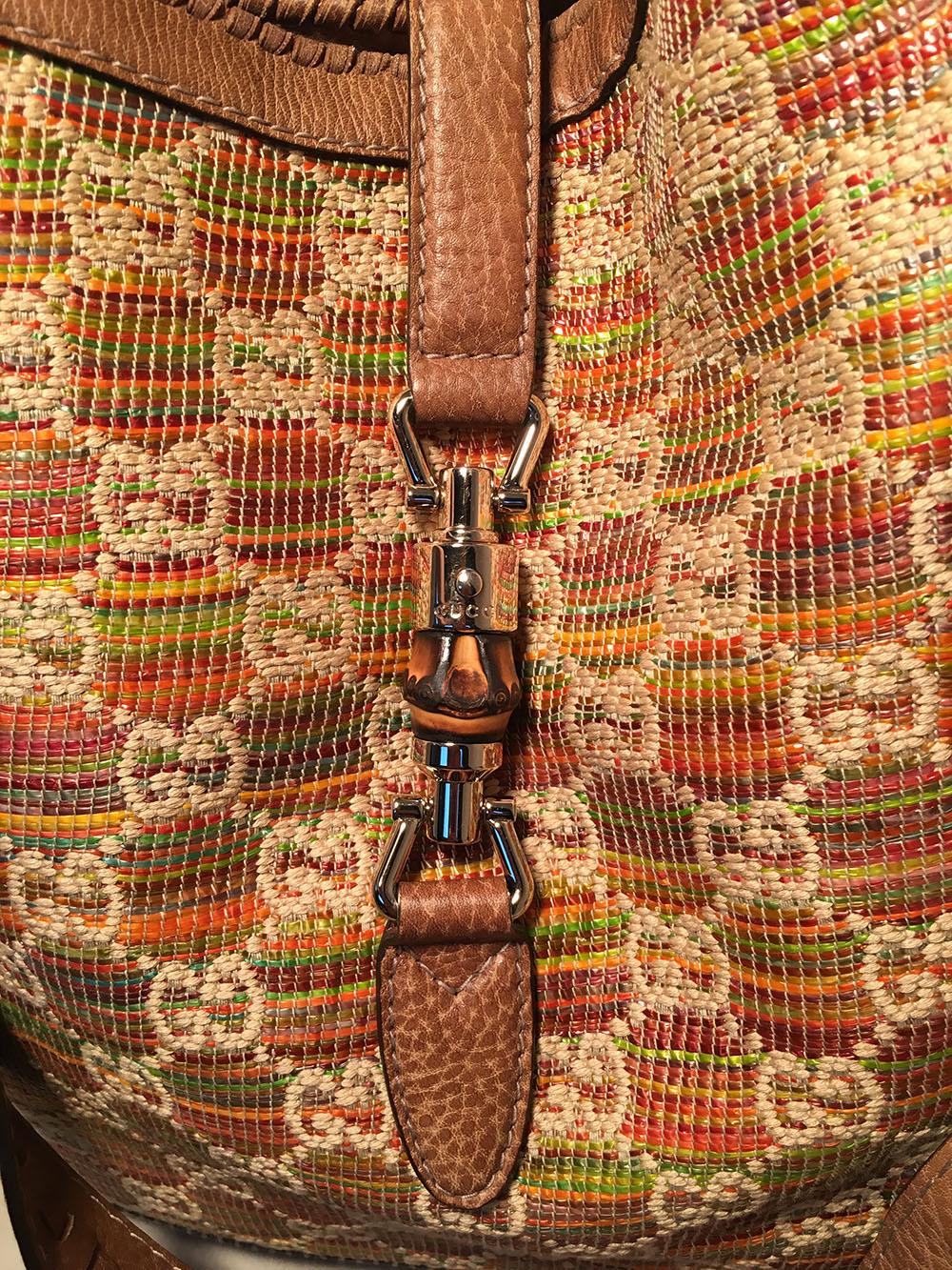 Women's Gucci MultiColor GG Monogram Straw and Tan Leather New Jackie Shoulder Bag