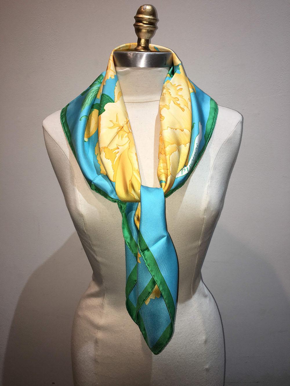 Women's Hermes Vintage Les Pivoines Silk Scarf in Blue Green and Yellow c1978