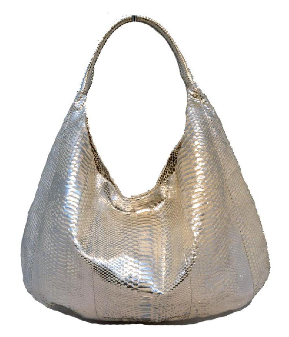 Devi Kroell silver snakeskin hobo tote in excellent condition.  Silver python snakeskin exterior. Top snap closure opens to a satin lined interior that holds 2 slit and 1 zipped side pockets.  Excellent condition. No stains, smells, or scuffs to