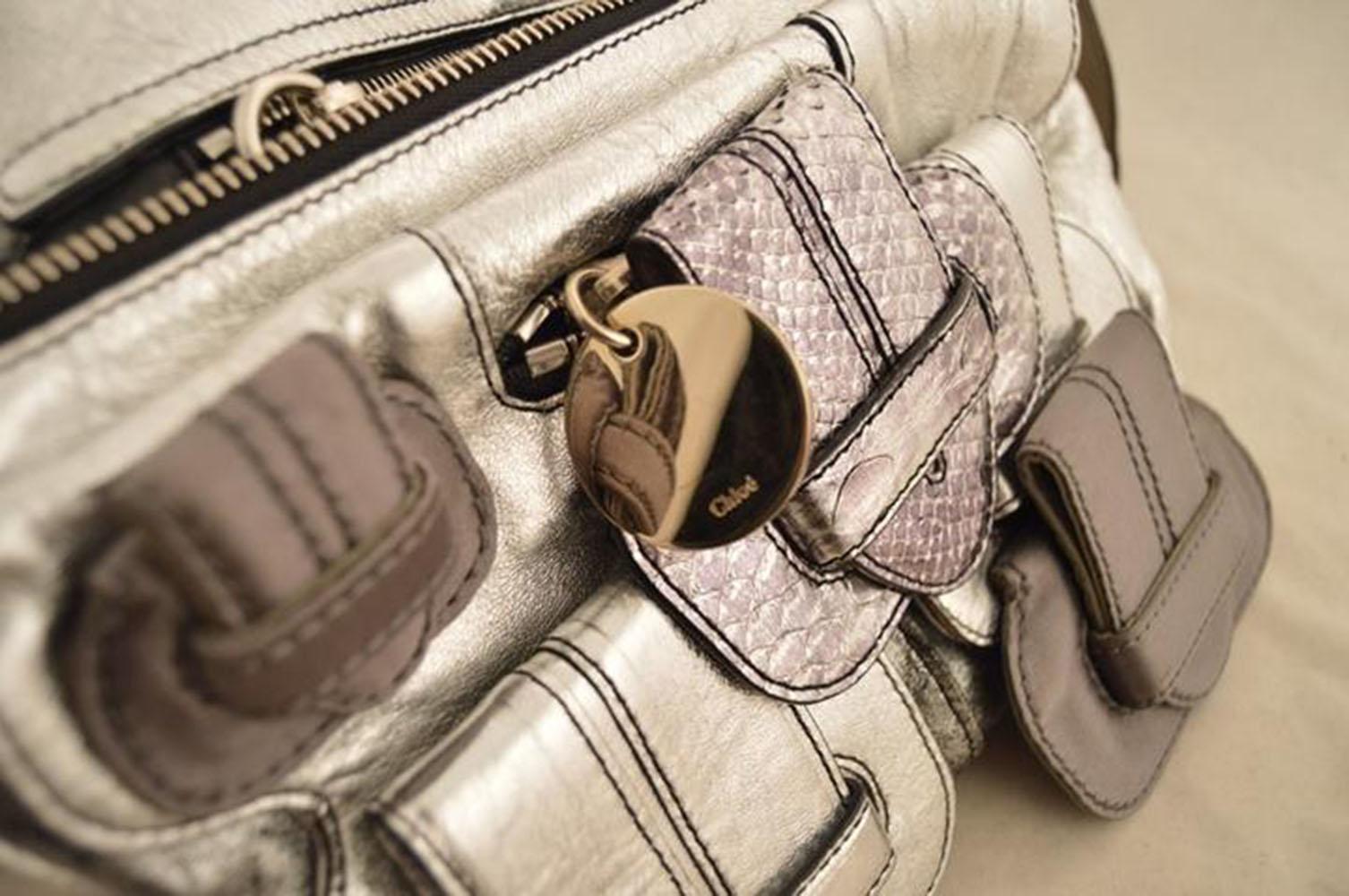 Chloe Silver Leather Satin Snakeskin Buckle Shoulder Bag For Sale 2
