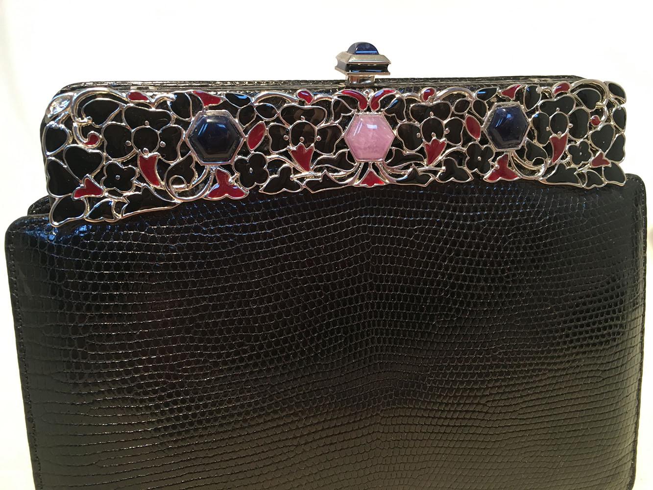 Judith Leiber Black Lizard Floral Enamel Top Clutch 1