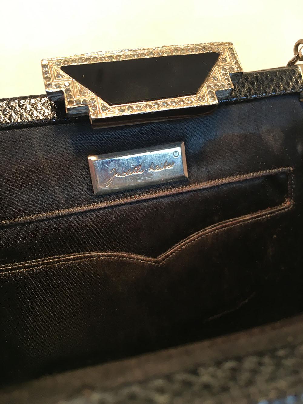 Judith Leiber Vintage Black Lizard Art Deco Embellished Top Clutch 3