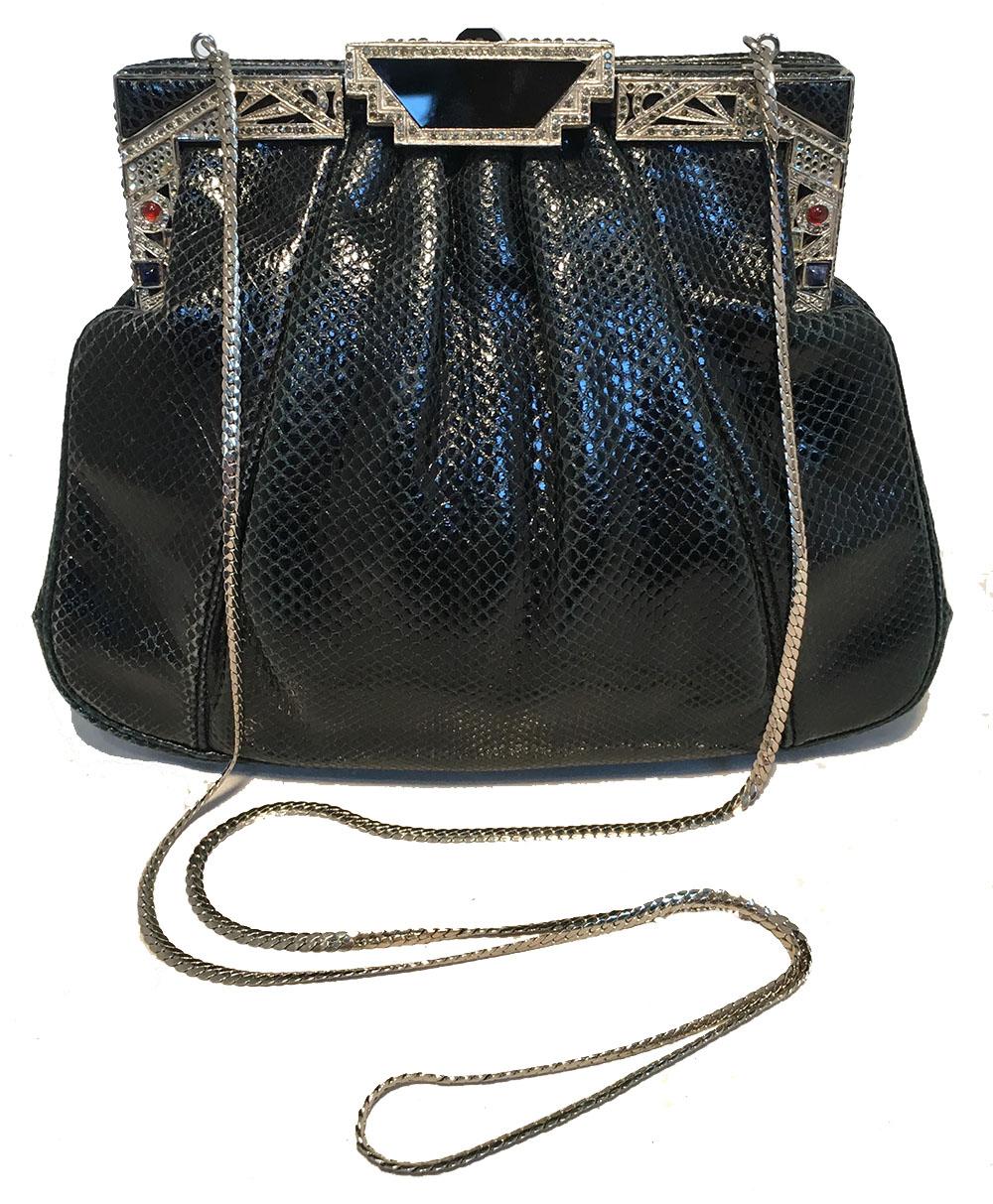 Judith Leiber Vintage Black Lizard Art Deco Embellished Top Clutch 4