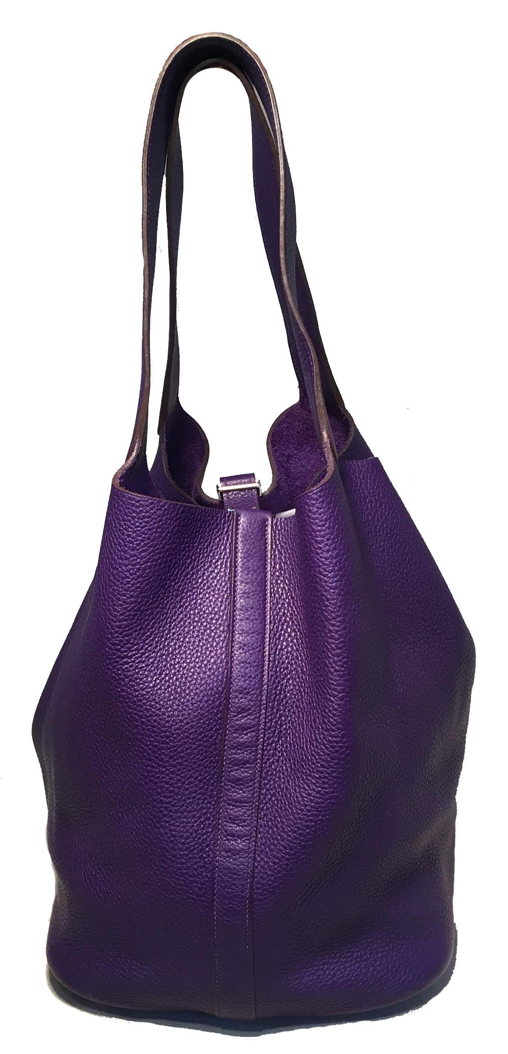 GORGEOUS Hermes Purple Clemence Leather Picotin TGM Handbag in excellent condition. Purple clemence leather exterior trimmed with silver palladium hardware. Perfect size for a variety of occasions and fits all your essentials and more in classic