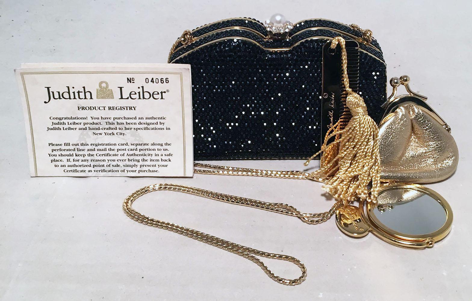 Women's Judith Leiber Black Swarovski Crystal Minaudiere Evening Bag Clutch For Sale