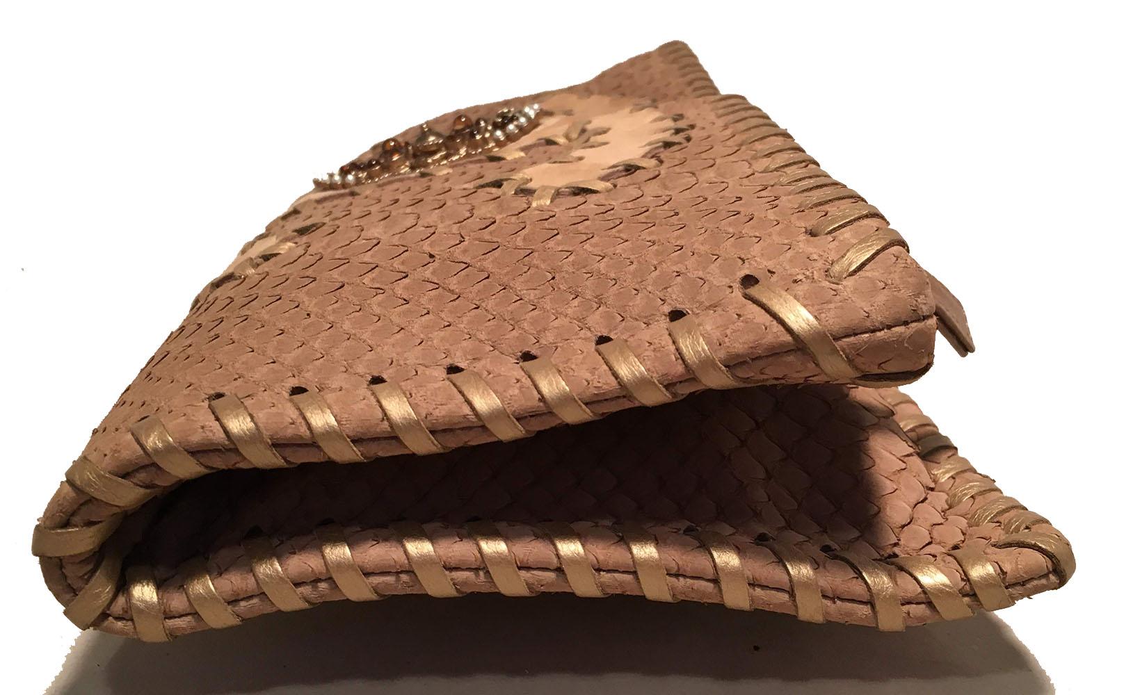 Brown Chanel Tan Snakeskin Leather Patch Gold Stitched Jeweled CC Fold Over Clutch