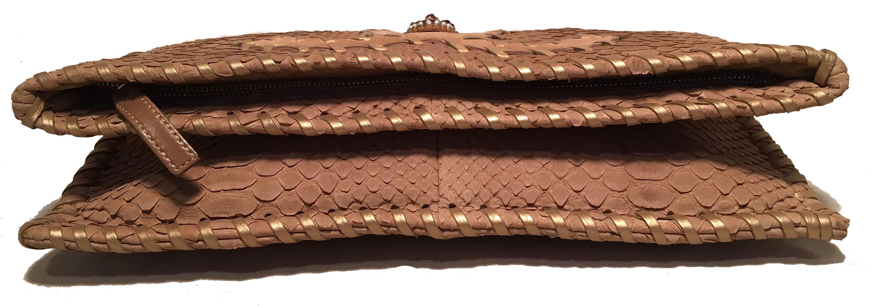 Chanel Tan Snakeskin Leather Patch Gold Stitched Jeweled CC Fold Over Clutch In Excellent Condition In Philadelphia, PA