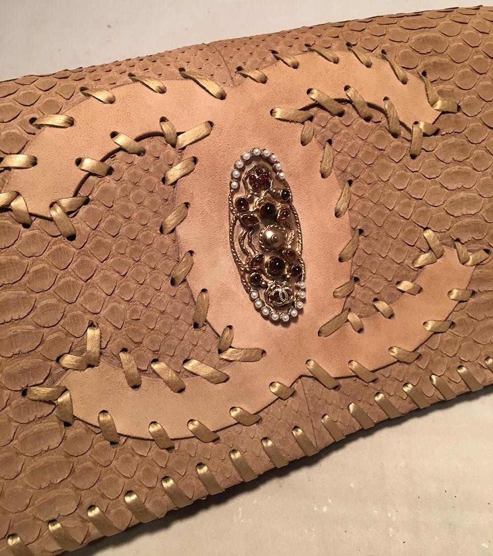 Women's Chanel Tan Snakeskin Leather Patch Gold Stitched Jeweled CC Fold Over Clutch