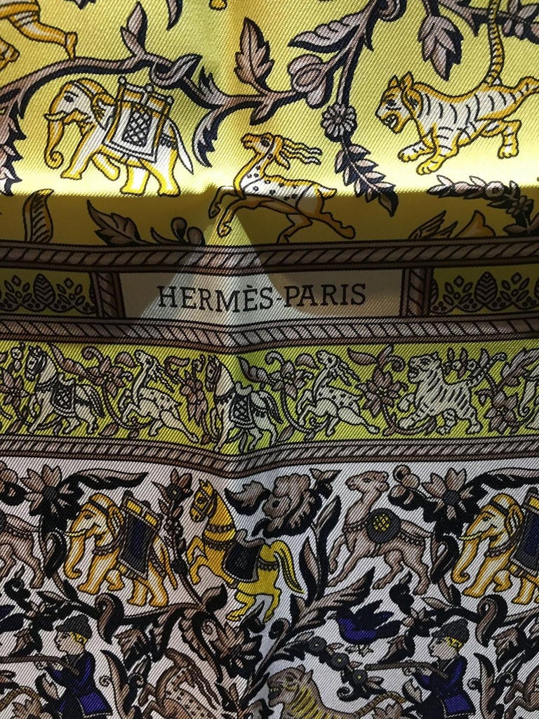 Hermes Vintage Chasse en Inde Yellow Silk Scarf For Sale at 1stDibs