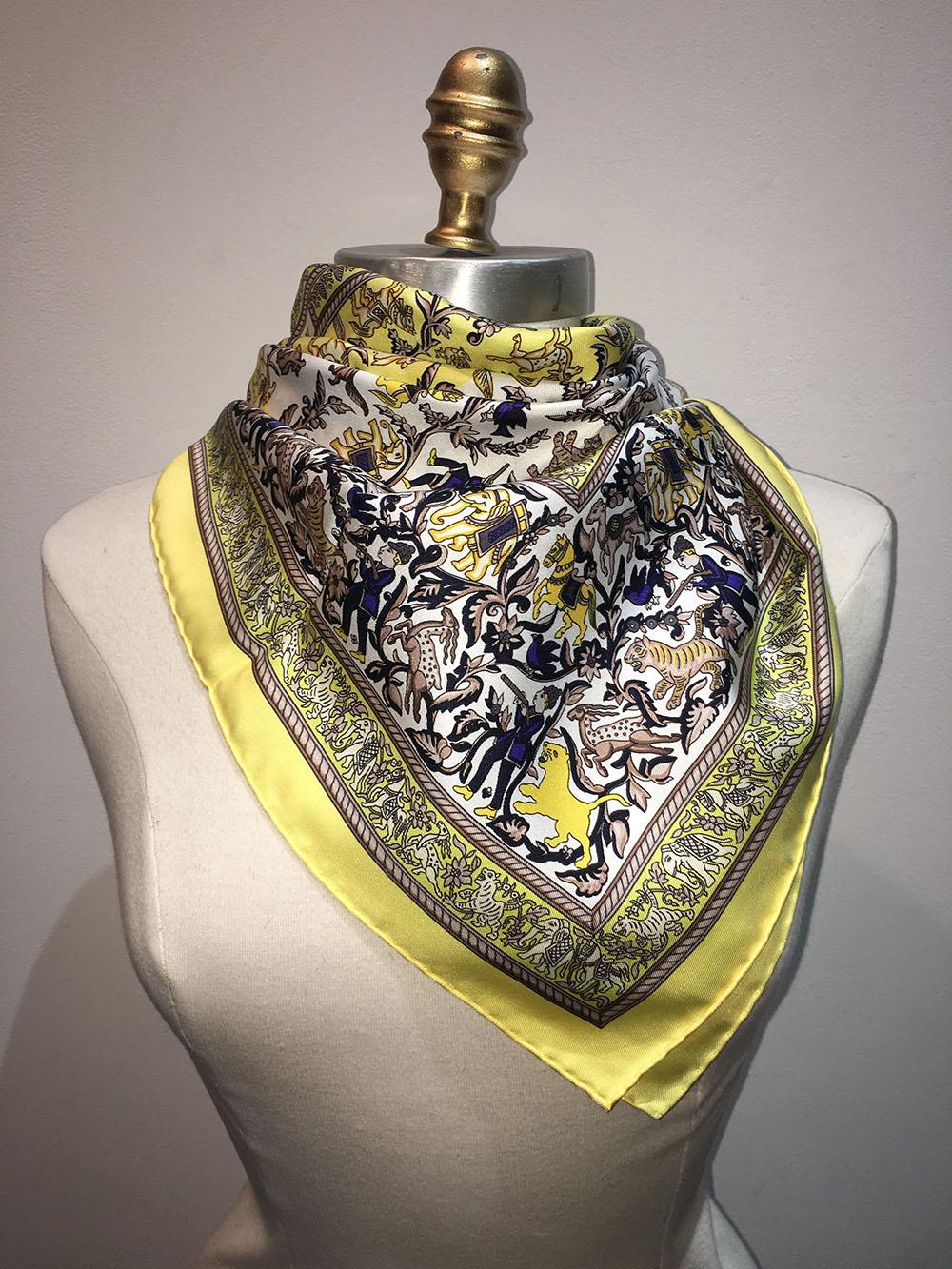 Hermes Vintage Chasse en Inde Yellow Silk Scarf 1