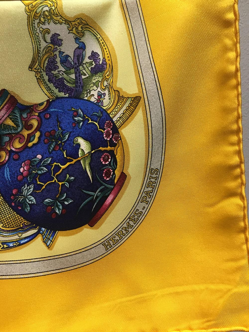 Hermes Vintage Qui' Import le Flacons Yellow Silk Scarf In Excellent Condition In Philadelphia, PA
